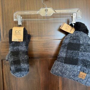 C.C Black and Gray Knit Hat and Glove Set